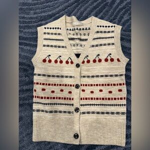 Cream Knit Cherry Pattern Button-Up Vest